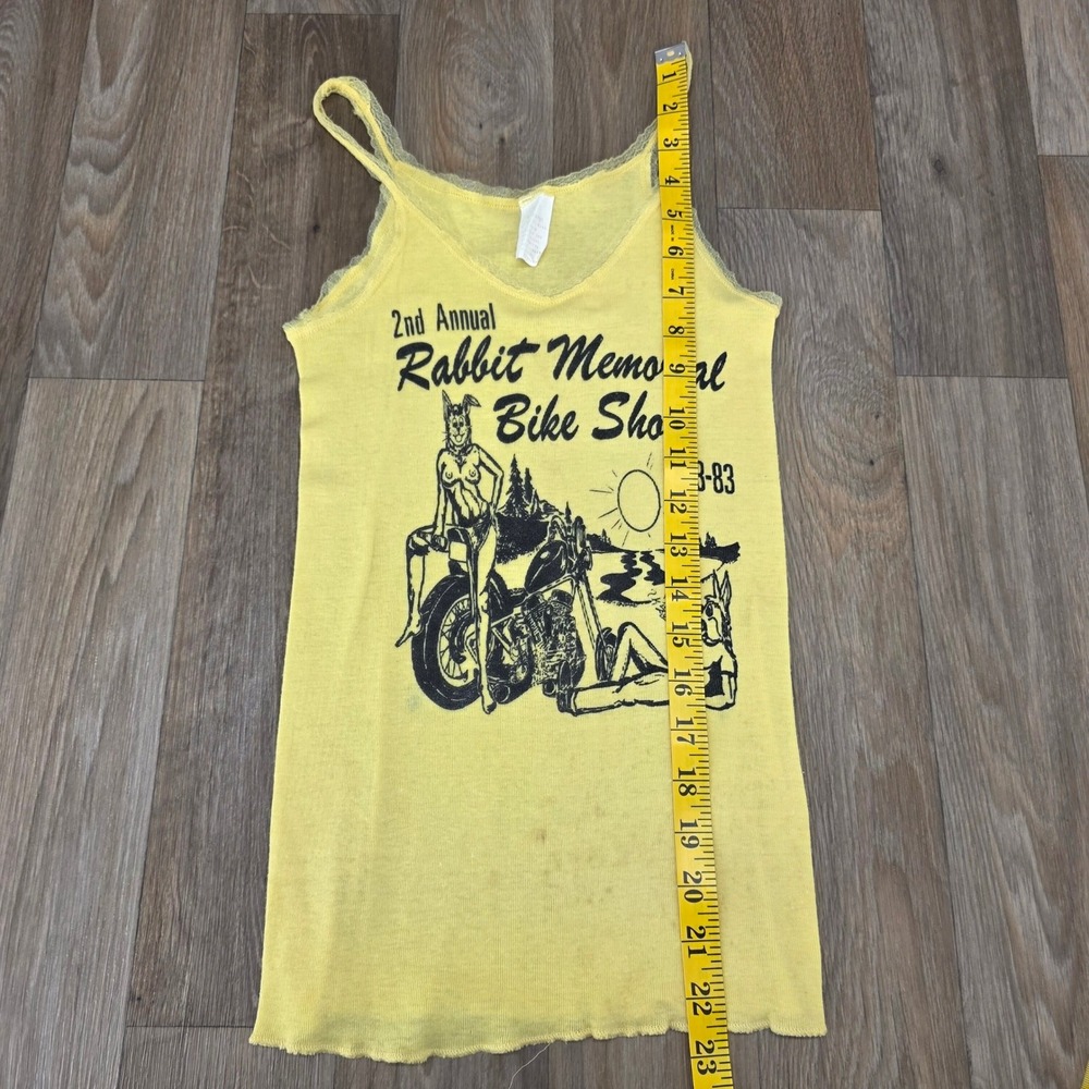Vintage 1983 Rabbit Memorial Bike Show Yellow Graphic Lace Camisole Tank XL - Picture 5 of 8